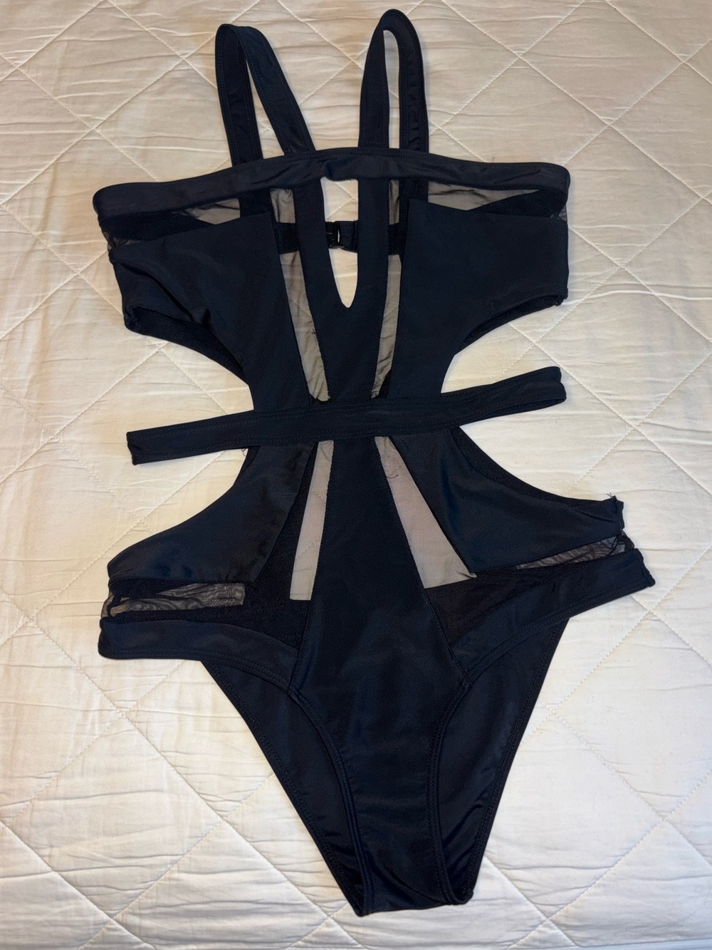 NWOT Black Strappy Mesh Cutout One-Piece Swimsuit